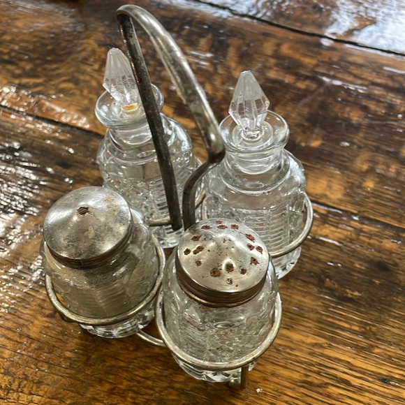 Other - Vintage Cut Glass Cruet Set with Stoppers -Vinegar, Oil, Salt & Pepper
